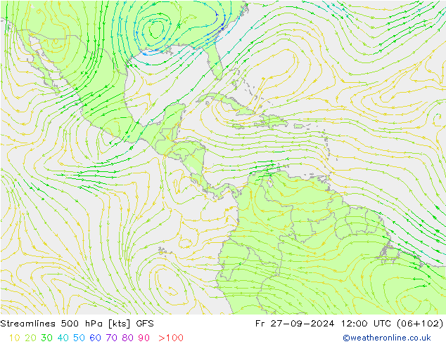 Linha de corrente 500 hPa GFS Sex 27.09.2024 12 UTC