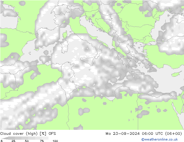 Cloud cover (high) GFS Mo 23.09.2024 06 UTC