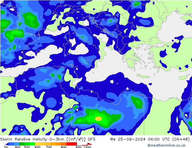 Storm Relative Helicity GFS śro. 25.09.2024 06 UTC