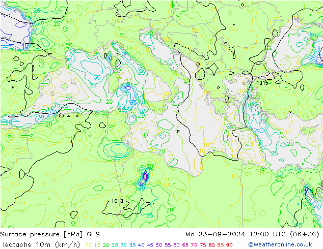 Isotachs (kph) GFS Mo 23.09.2024 12 UTC