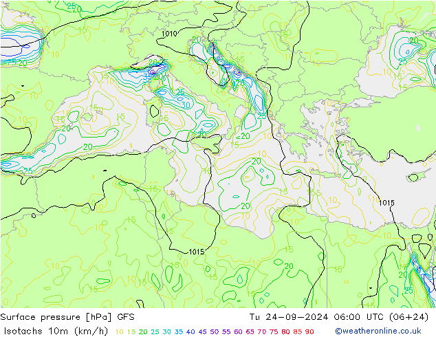 Isotachs (kph) GFS Ter 24.09.2024 06 UTC