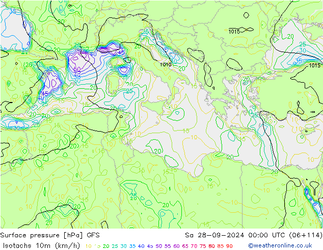 Isotachs (kph) GFS sam 28.09.2024 00 UTC