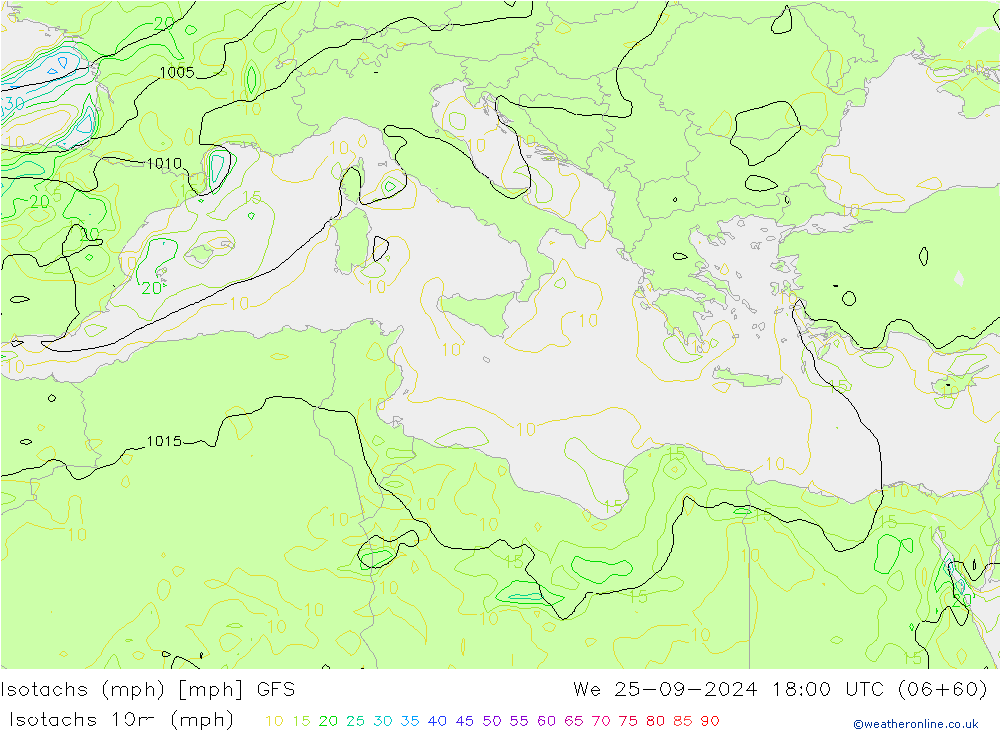 Isotachs (mph) GFS We 25.09.2024 18 UTC