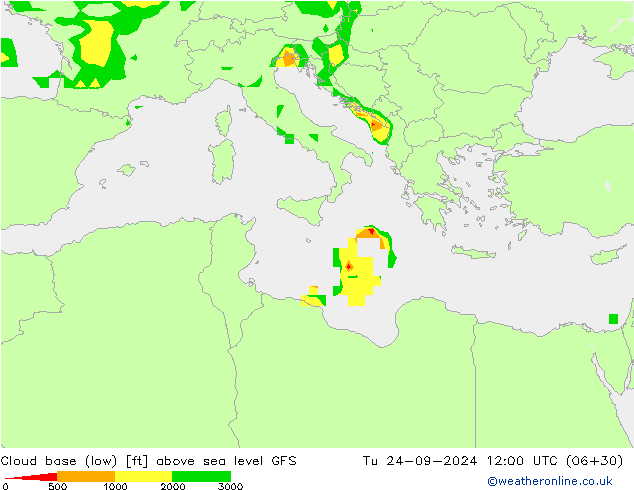 Cloud base (low) GFS Tu 24.09.2024 12 UTC