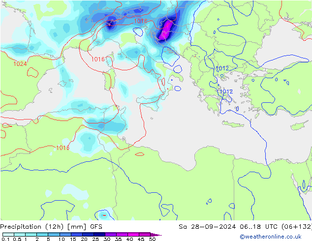 Precipitazione (12h) GFS sab 28.09.2024 18 UTC