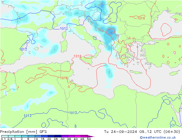 Srážky GFS Út 24.09.2024 12 UTC