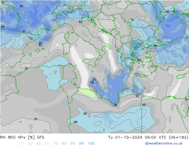 RH 850 hPa GFS Tu 01.10.2024 06 UTC