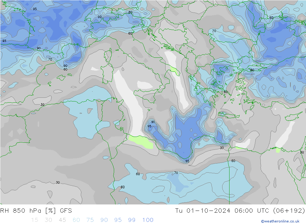 RH 850 hPa GFS Tu 01.10.2024 06 UTC