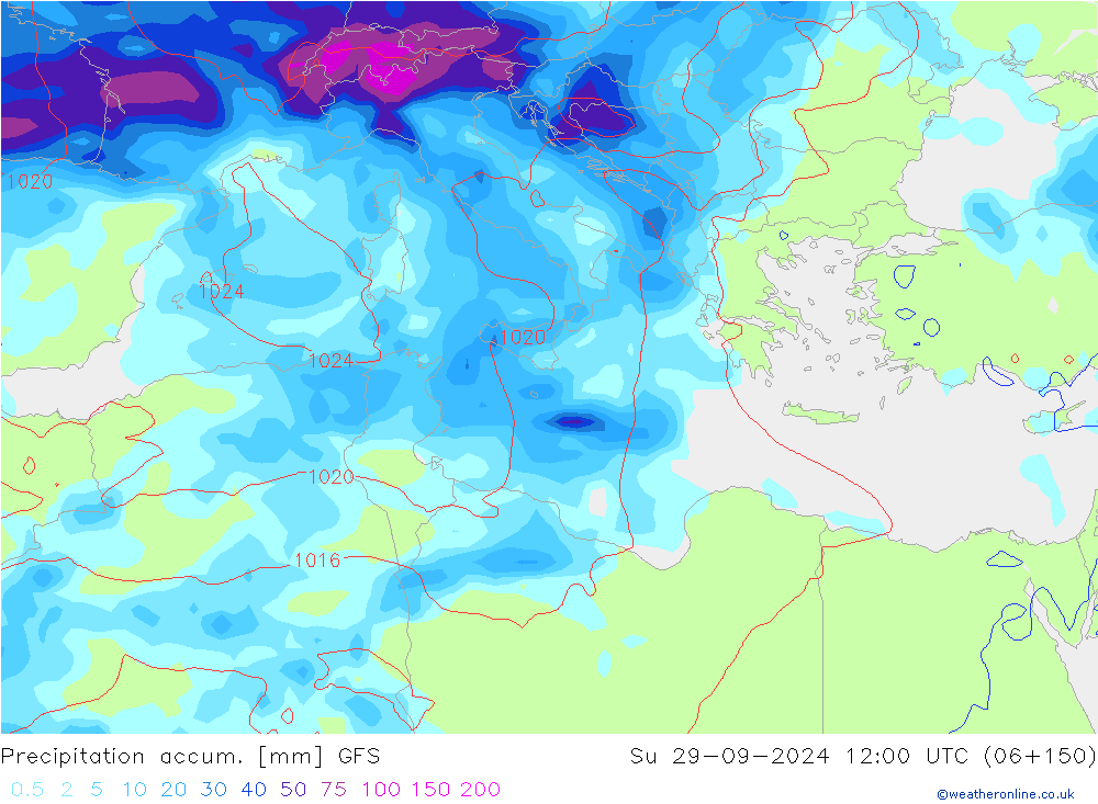 Totale neerslag GFS zo 29.09.2024 12 UTC