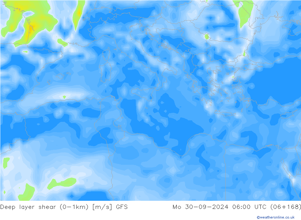 Deep layer shear (0-1km) GFS pon. 30.09.2024 06 UTC