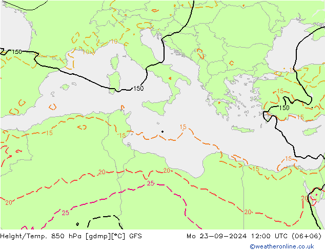 Height/Temp. 850 гПа GFS пн 23.09.2024 12 UTC