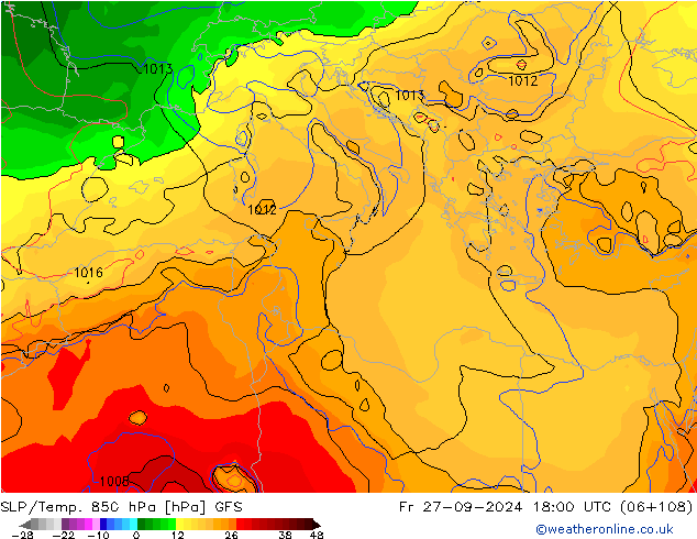 SLP/Temp. 850 hPa GFS Sex 27.09.2024 18 UTC