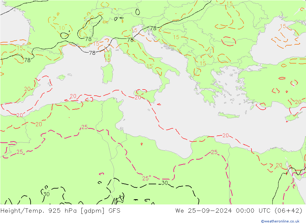 Height/Temp. 925 hPa GFS We 25.09.2024 00 UTC