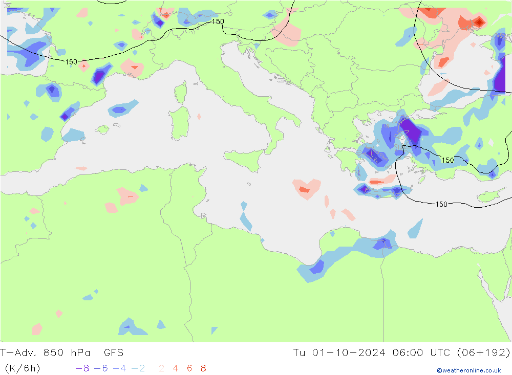 T-Adv. 850 hPa GFS di 01.10.2024 06 UTC