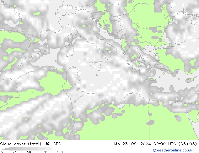 Cloud cover (total) GFS Mo 23.09.2024 09 UTC