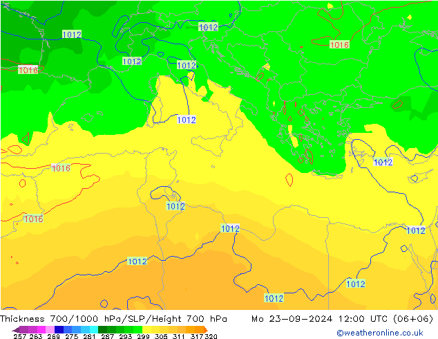 Espesor 700-1000 hPa GFS lun 23.09.2024 12 UTC