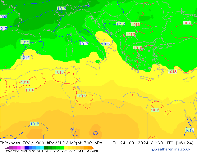 700-1000 hPa Kalınlığı GFS Sa 24.09.2024 06 UTC