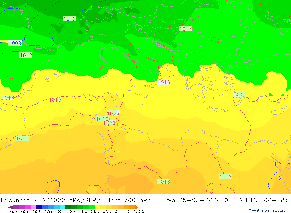 Thck 700-1000 hPa GFS We 25.09.2024 06 UTC