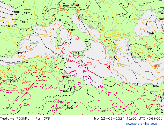 Theta-e 700hPa GFS lun 23.09.2024 12 UTC