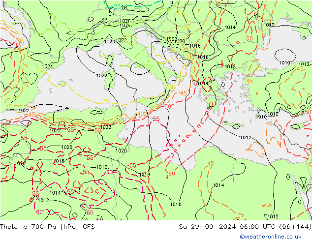 Theta-e 700hPa GFS dom 29.09.2024 06 UTC