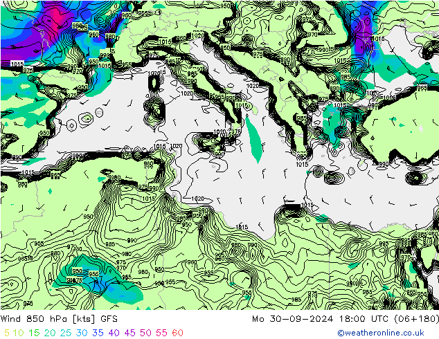 Vento 850 hPa GFS lun 30.09.2024 18 UTC