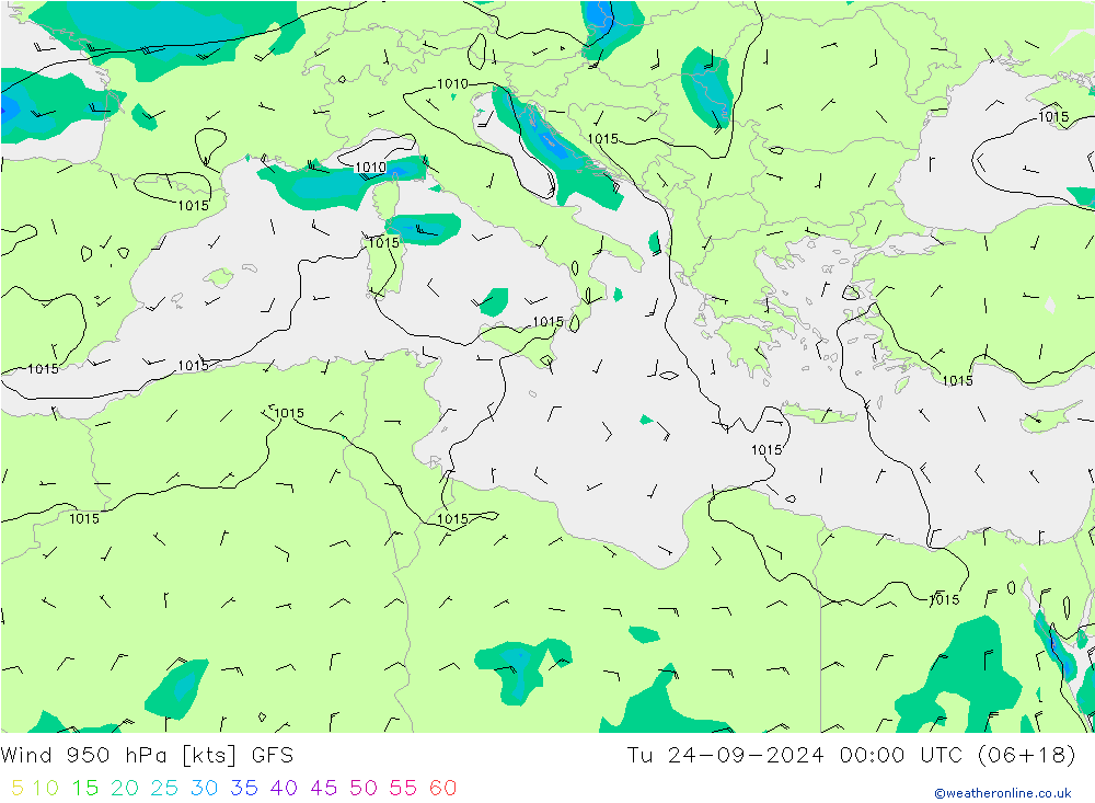 Wind 950 hPa GFS Tu 24.09.2024 00 UTC