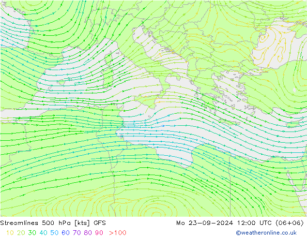 Ligne de courant 500 hPa GFS lun 23.09.2024 12 UTC