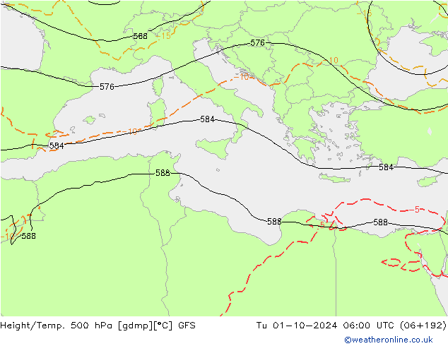 Z500/Rain (+SLP)/Z850 GFS Tu 01.10.2024 06 UTC