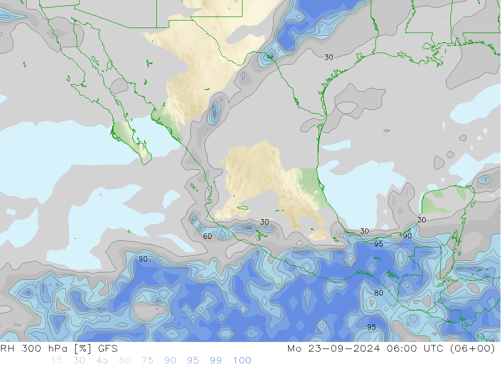 RH 300 hPa GFS lun 23.09.2024 06 UTC