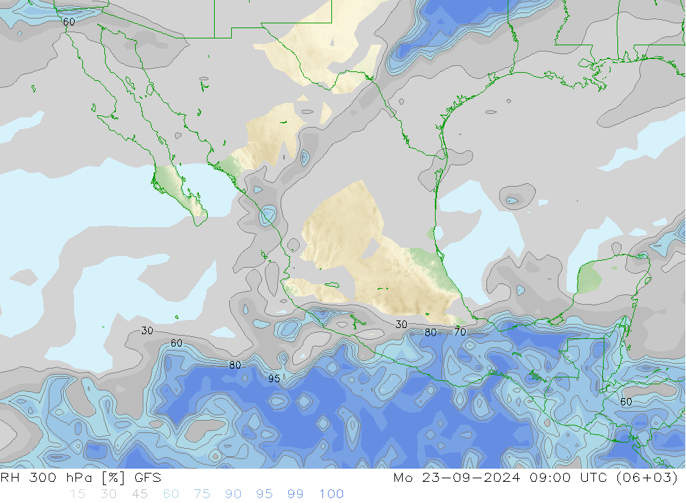 Humidité rel. 300 hPa GFS lun 23.09.2024 09 UTC