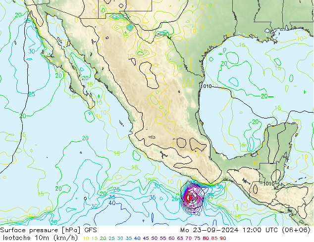 Izotacha (km/godz) GFS pon. 23.09.2024 12 UTC