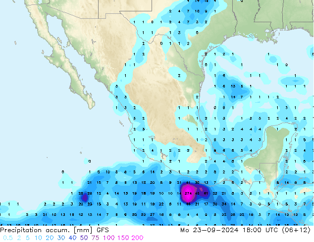 Precipitación acum. GFS lun 23.09.2024 18 UTC