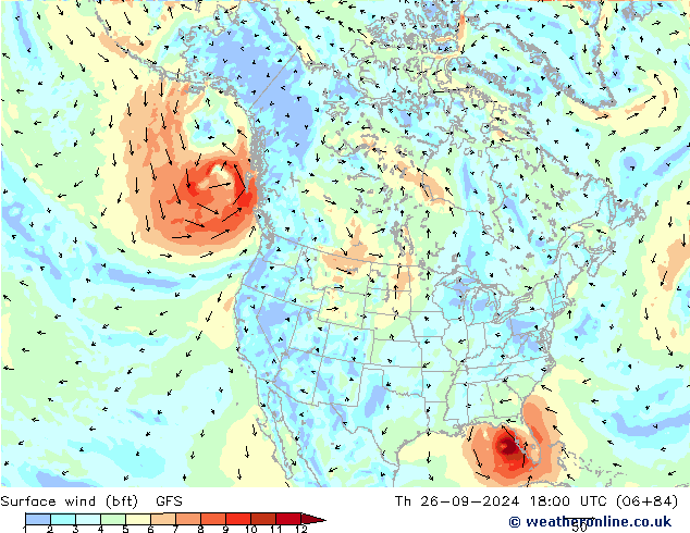 Bodenwind (bft) GFS Do 26.09.2024 18 UTC