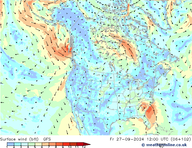 Surface wind (bft) GFS Fr 27.09.2024 12 UTC