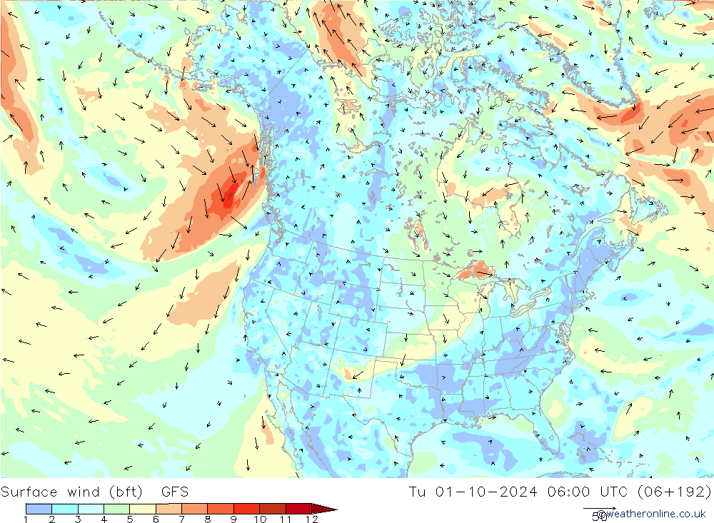 Rüzgar 10 m (bft) GFS Ekim 2024