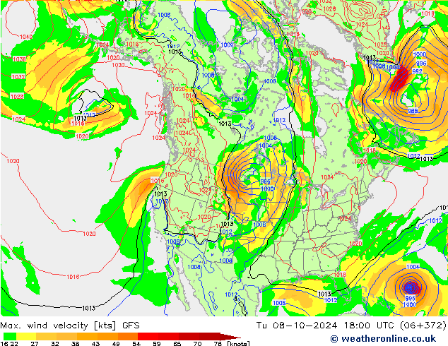 Max. wind snelheid GFS di 08.10.2024 18 UTC