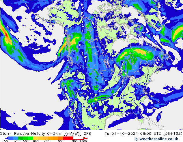 Storm Relative Helicity GFS Sa 01.10.2024 06 UTC