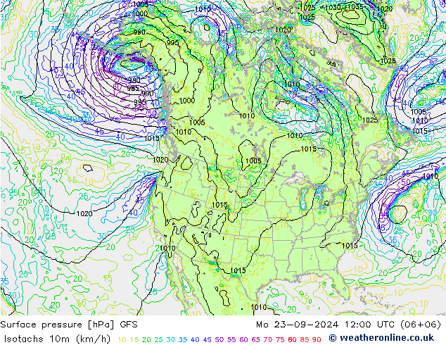 Isotachs (kph) GFS пн 23.09.2024 12 UTC