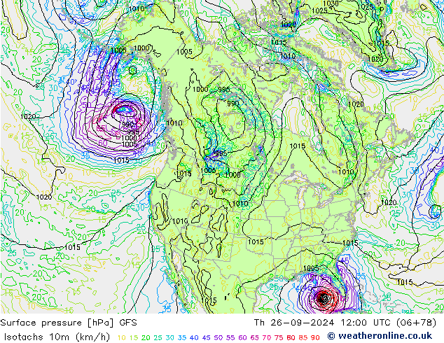 Isotachs (kph) GFS jeu 26.09.2024 12 UTC