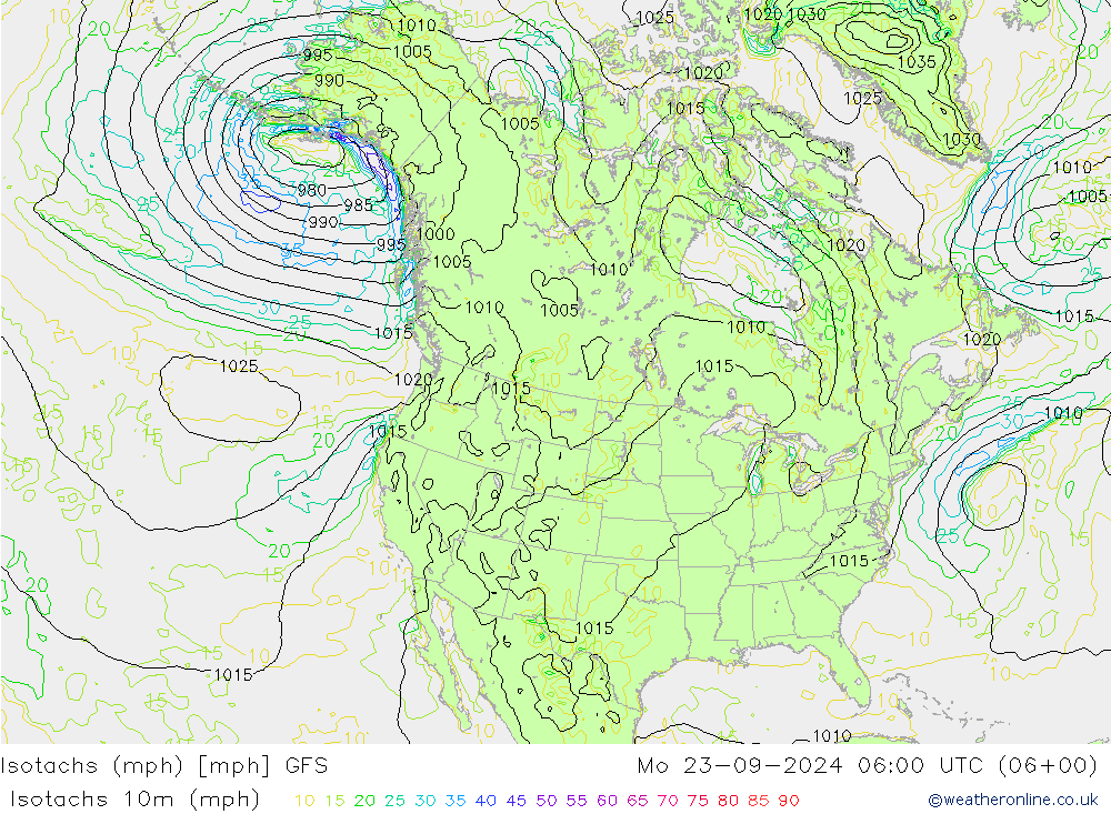 Isotachen (mph) GFS ma 23.09.2024 06 UTC