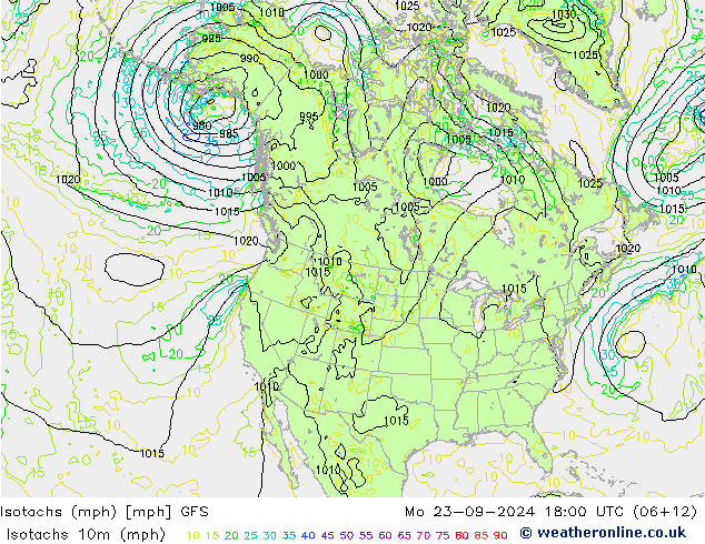 Isotachs (mph) GFS Po 23.09.2024 18 UTC