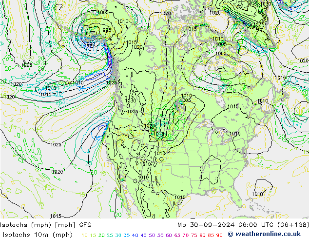 Isotaca (mph) GFS lun 30.09.2024 06 UTC