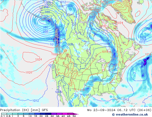 Precipitation (6h) GFS Mo 23.09.2024 12 UTC