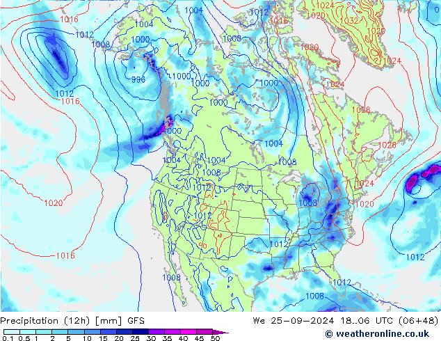 Totale neerslag (12h) GFS wo 25.09.2024 06 UTC