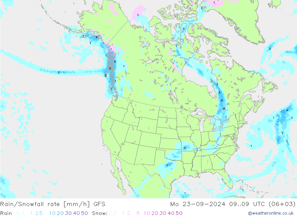 Rain/Snowfall rate GFS Po 23.09.2024 09 UTC