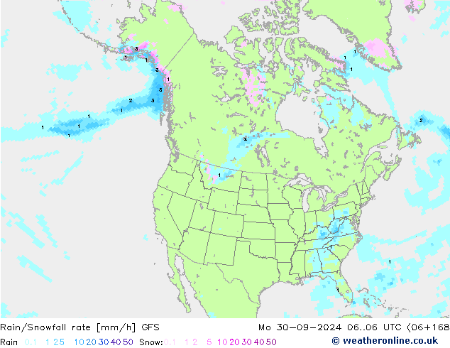 Rain/Snowfall rate GFS pon. 30.09.2024 06 UTC