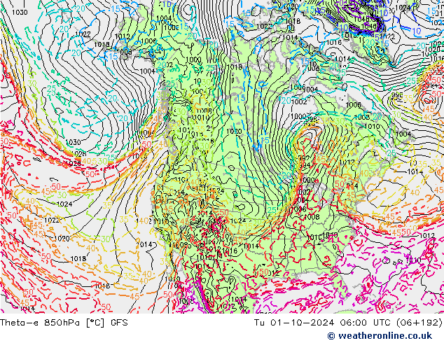 Theta-e 850hPa GFS mar 01.10.2024 06 UTC