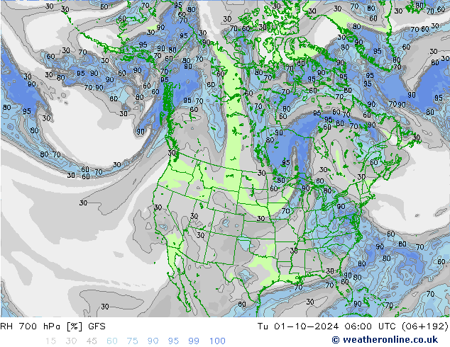 RH 700 гПа GFS вт 01.10.2024 06 UTC