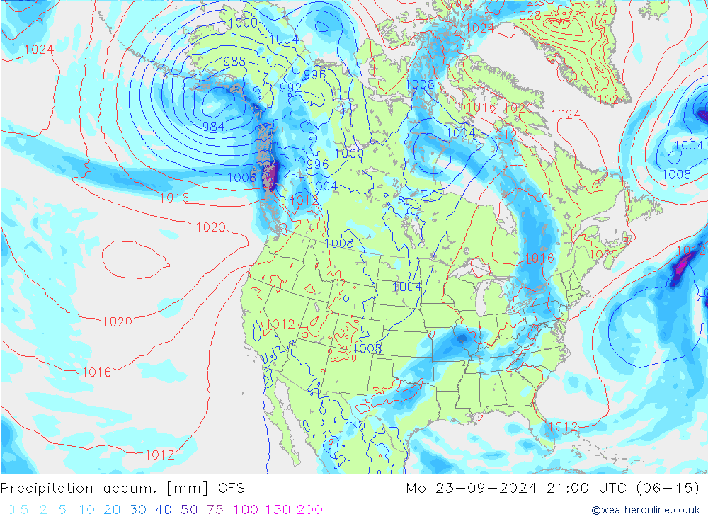 Precipitation accum. GFS pon. 23.09.2024 21 UTC