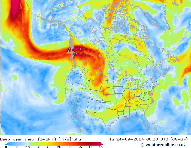 Deep layer shear (0-6km) GFS Di 24.09.2024 06 UTC